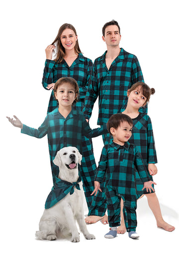Juego de pijama de 2 piezas a juego de la familia a cuadros navideños verde oscuro